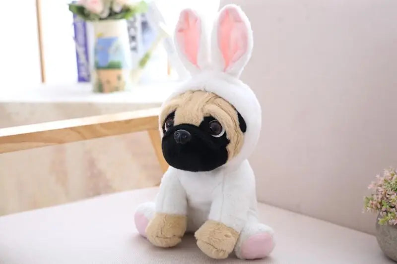 Lifelike plush toy with white bunny-ear hood, beige muzzle, black nose, sitting