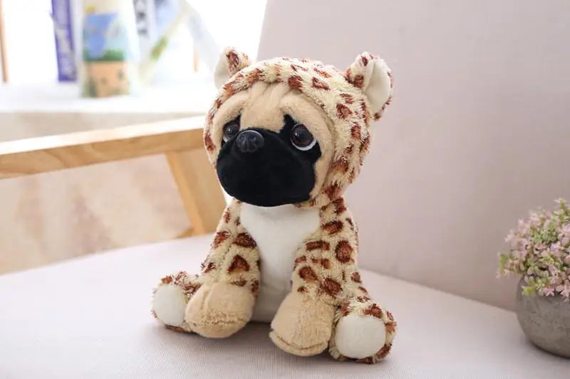 Lifelike Sharpei Pug plush toy, leopard print with black snout, sitting