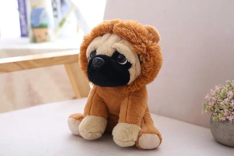 Lifelike Sharpei Pug plush toy, brown with tan face and black snout, sitting