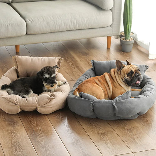 Gray pet sofa bed nest with raised side bolsters and plush center cushion