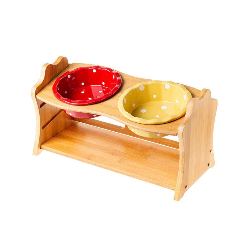 Raised Ceramic Double Bowl Wooden Stand for Cats and Dogs