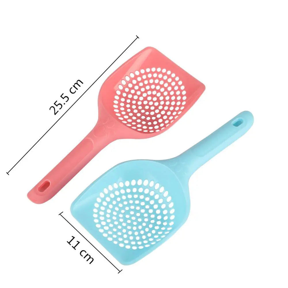 Pink and light blue plastic cat litter shovels, each with perforated scoop and handle