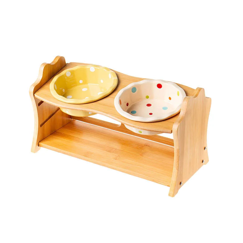 Raised Ceramic Double Bowl Wooden Stand for Cats and Dogs