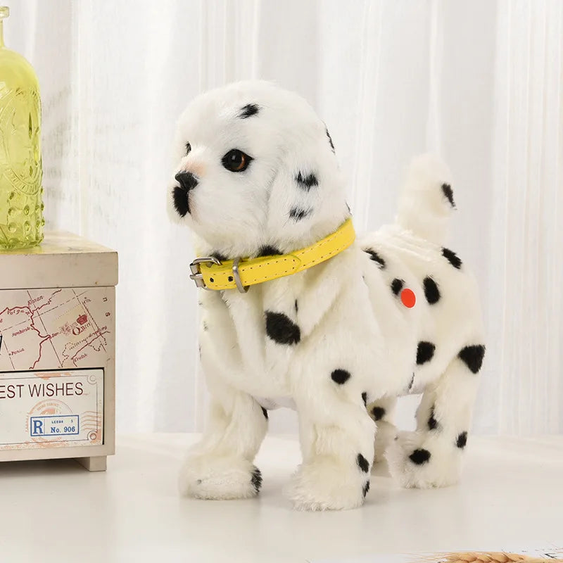 Interactive plush dog toy, white fur with black spots, yellow collar, companion beside it