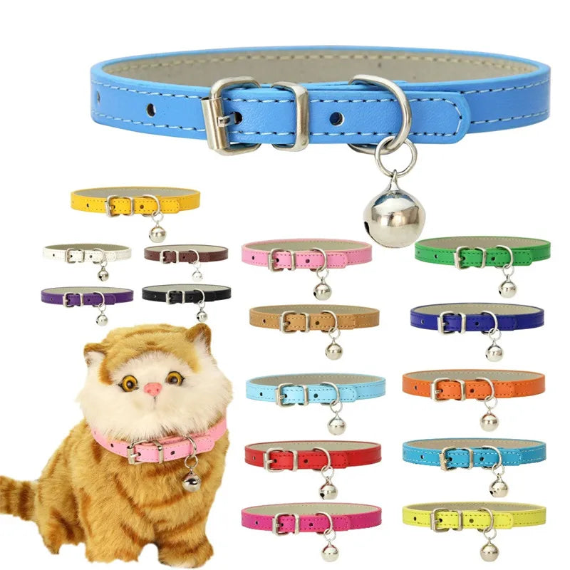 Cute Faux Leather Cat Collar Adjustable Bell Dogs Pets