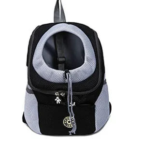 Black and gray mesh pet backpack carrier with front viewing tunnel and front zipper