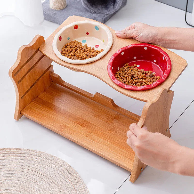 Raised Ceramic Double Bowl Wooden Stand for Cats and Dogs