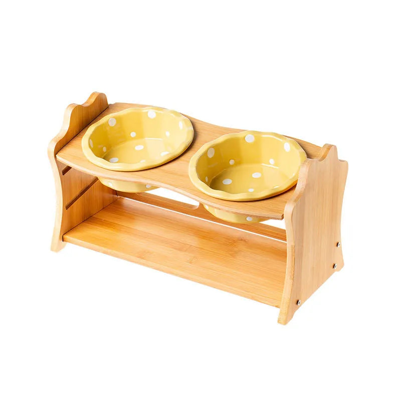 Raised Ceramic Double Bowl Wooden Stand for Cats and Dogs