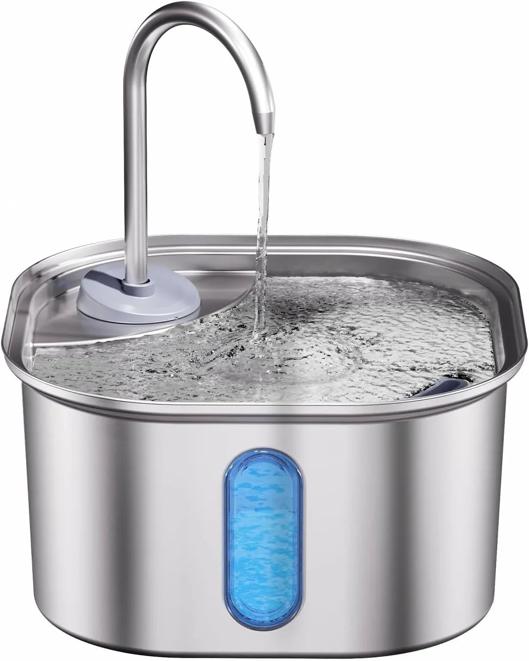 Stainless steel cat water fountain with curved spout and flowing water bowl