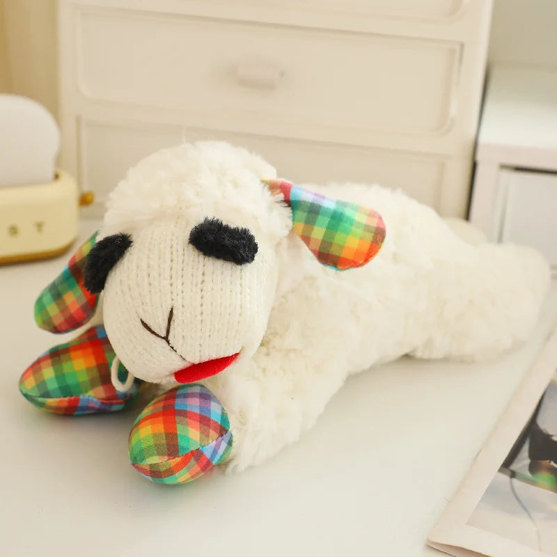 Alpaca lamb plush interactive toy with multicolour plaid ears and red heart paws