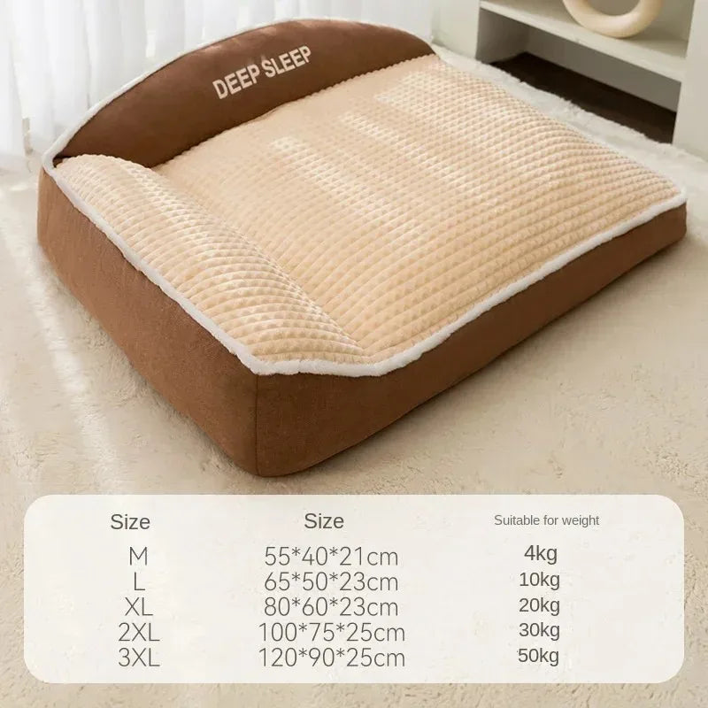 Khaki-brown dog sofa bed cushion with white trim and “DEEP SLEEP” label