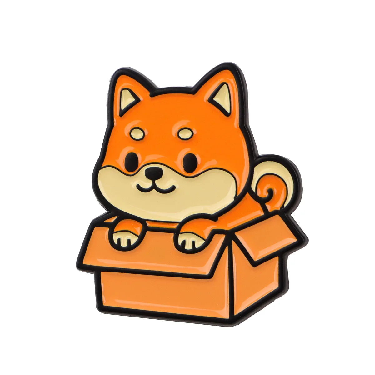 Orange dog enamel lapel pin with tongue out, sitting in an orange open box