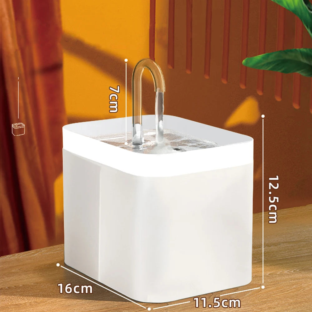 White square cat water fountain with clear arched spout