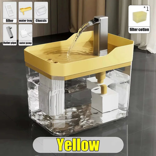 Automatic pet drinking fountain with yellow top and clear tank, filter and parts layout shown