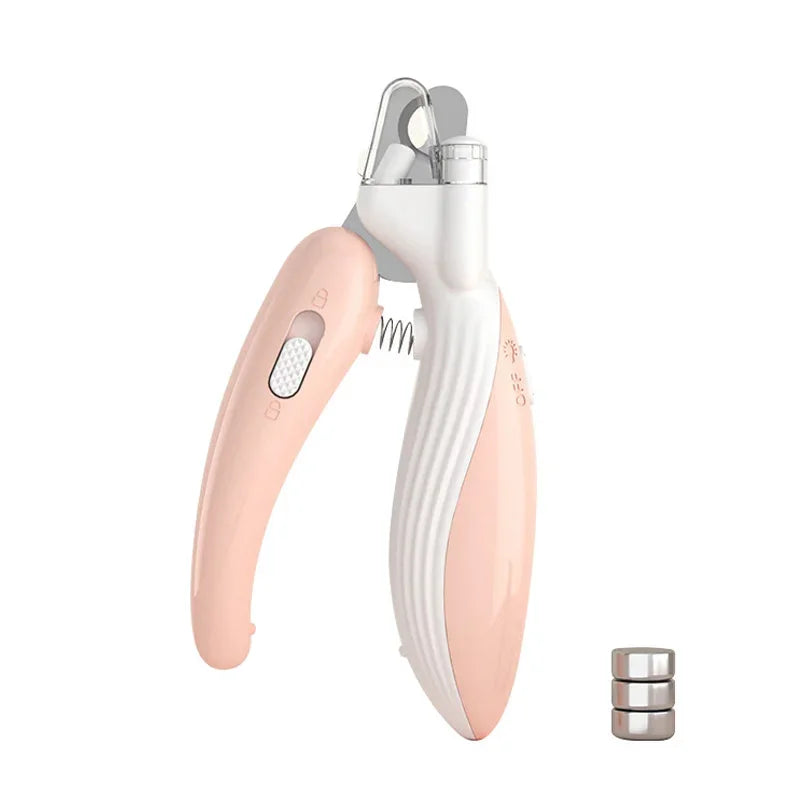Peach LED pet nail clipper with white safety guard and metal spring, plus spare caps