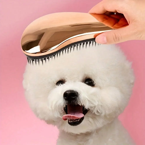 2-in-1 dog grooming comb and massage brush with metal pins and curved handle