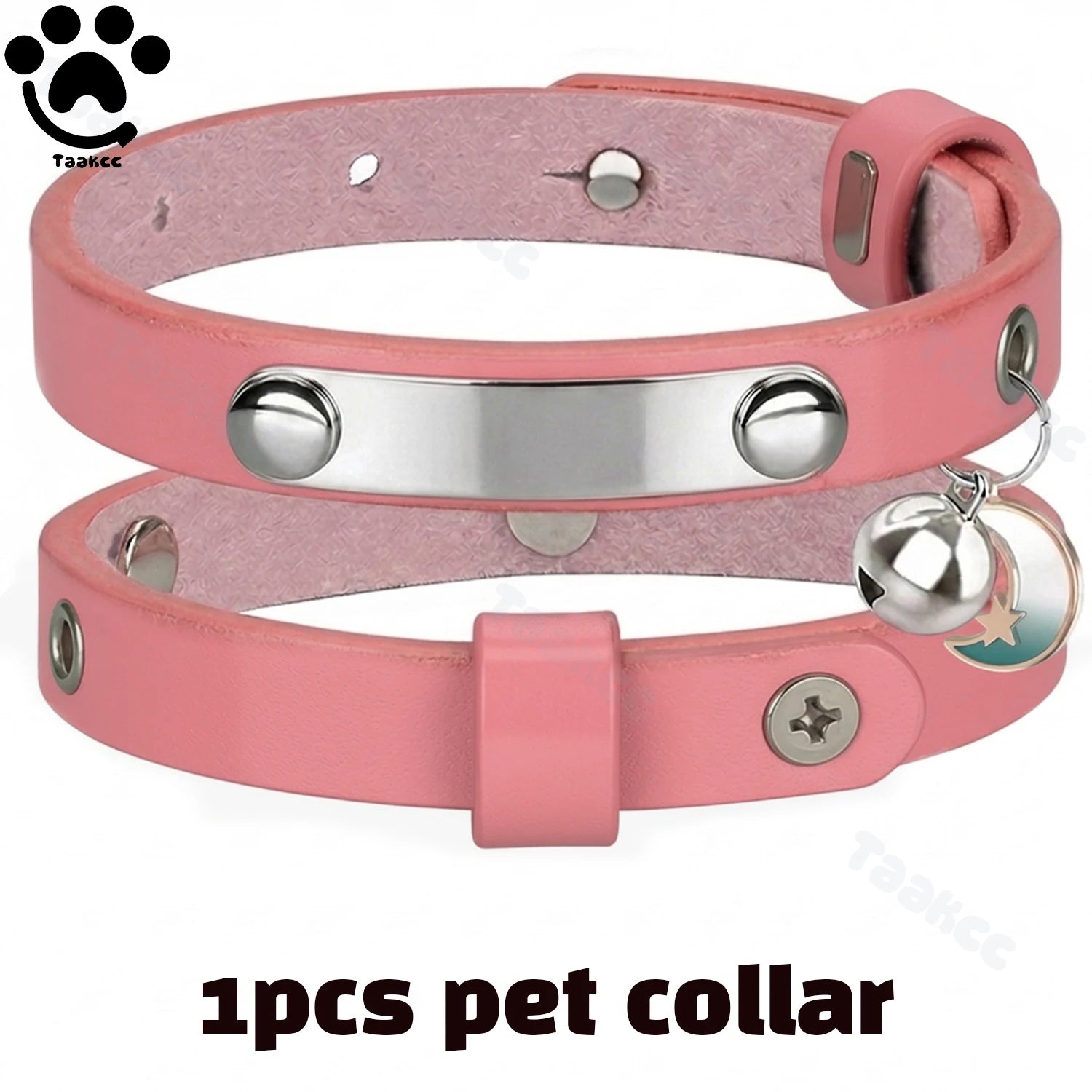 Pink leather cat collar with bell and star charm, metal buckle and rivets.