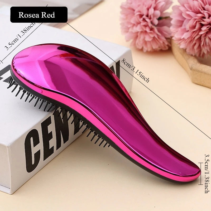 2-in-1 dog grooming comb and massage brush, rose-red glossy handle with metal pin teeth