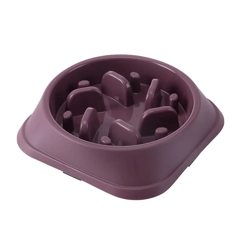 Dark purple slow-feeding pet bowl with raised anti-choke maze insert