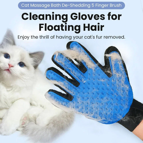 Blue five-finger de-shedding massage glove with textured silicone bristles