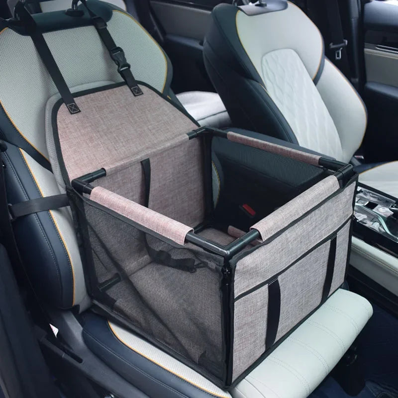 Waterproof dog car seat cover hammock basket, beige-gray fabric with black frame