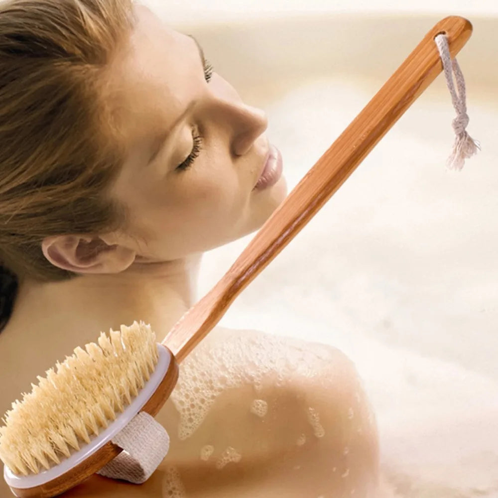 Natural Bath Brush Long Wooden Handle Back Scrubber