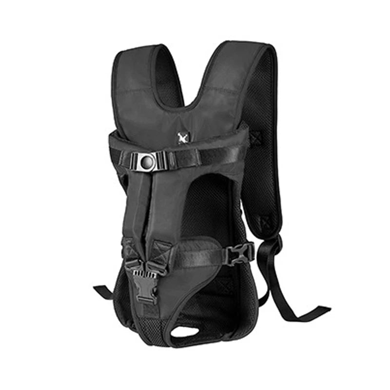 Black dog front travel carrier backpack with front opening and side mesh panels