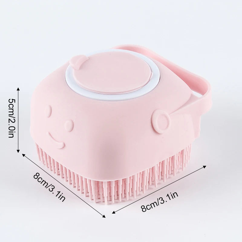 Pink compact pet bath brush with round scrub pad and rubber bristles