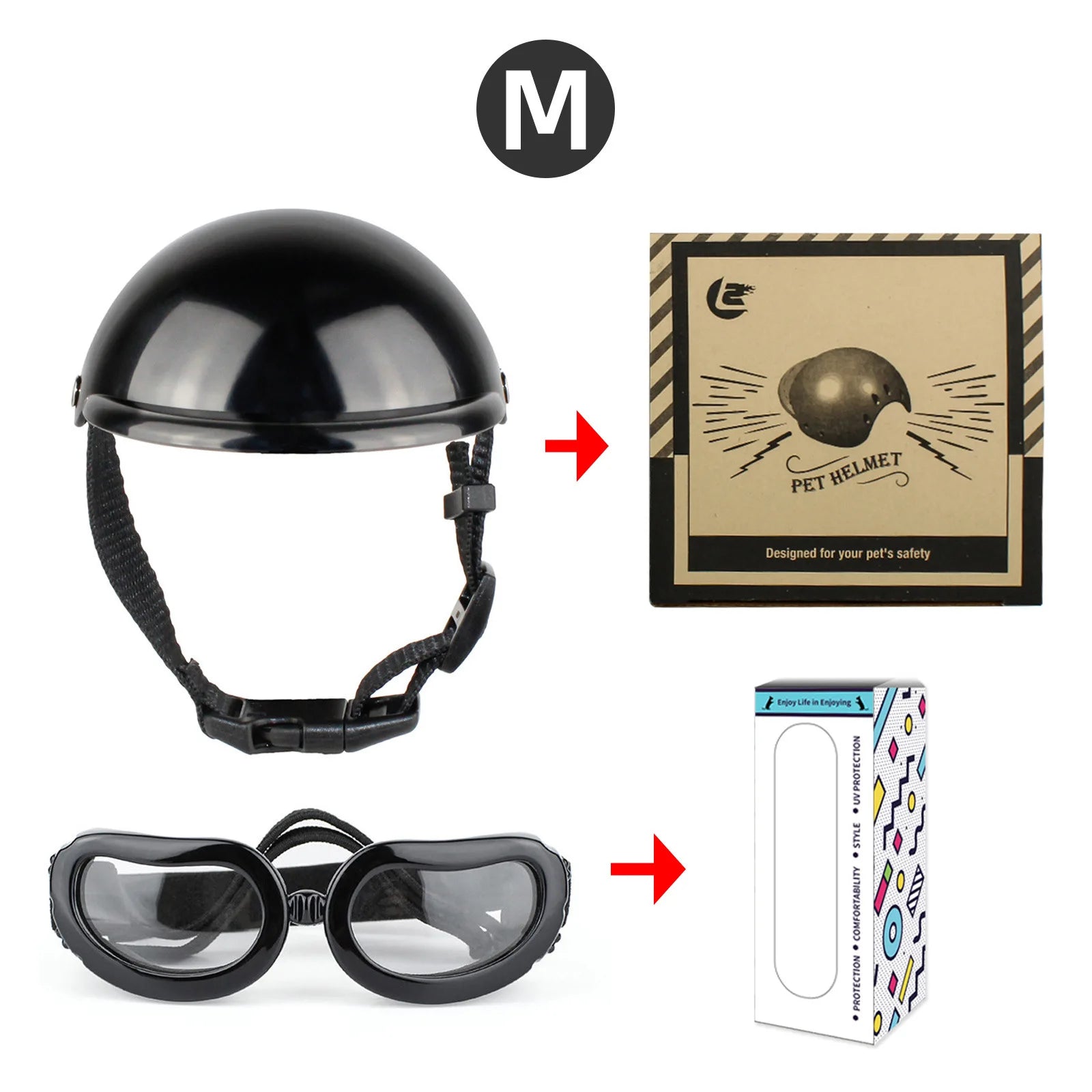 Medium pet motorcycle helmet goggles set, black helmet with dark gray sunglasses