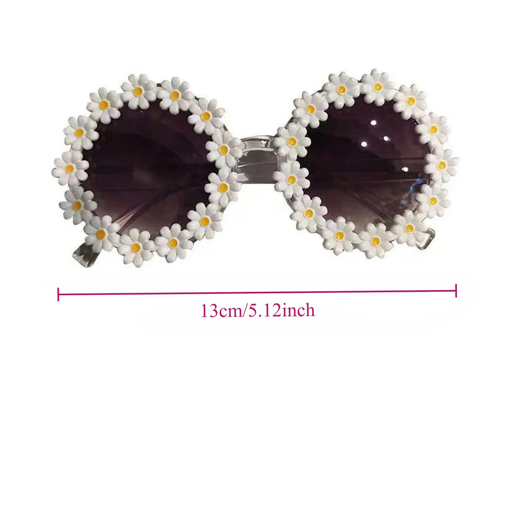 Round flower sunglasses for pets, white daisy trim and dark lenses