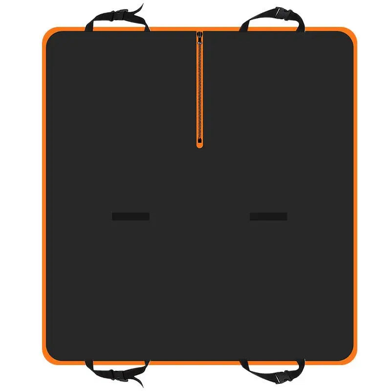 Portable pet car mat, black waterproof-style cover with orange edging and top carry handles