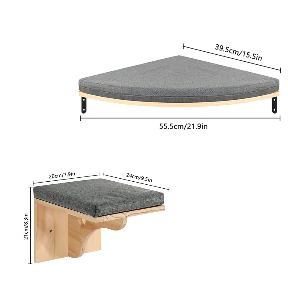Wall-mounted cat shelf with dark gray cushion pad, side and top views