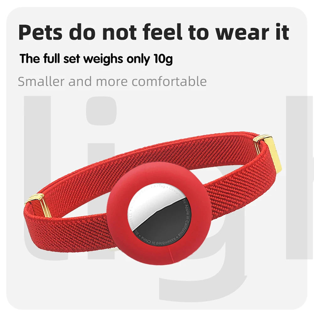 Red woven breakaway cat collar with round AirTag holder and gold buckle tabs