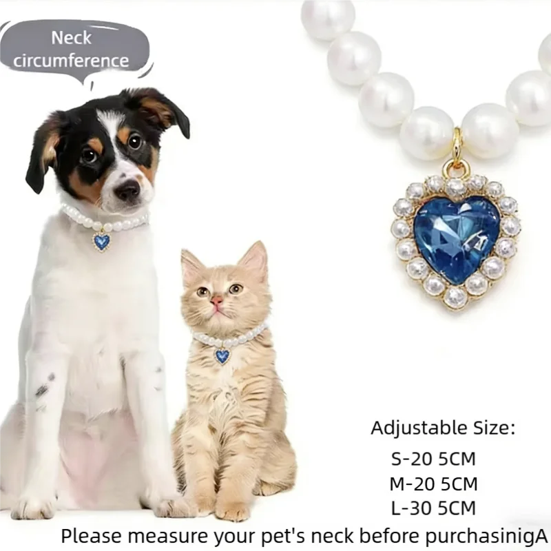 Adjustable pearl pet collar with large blue heart rhinestone charm