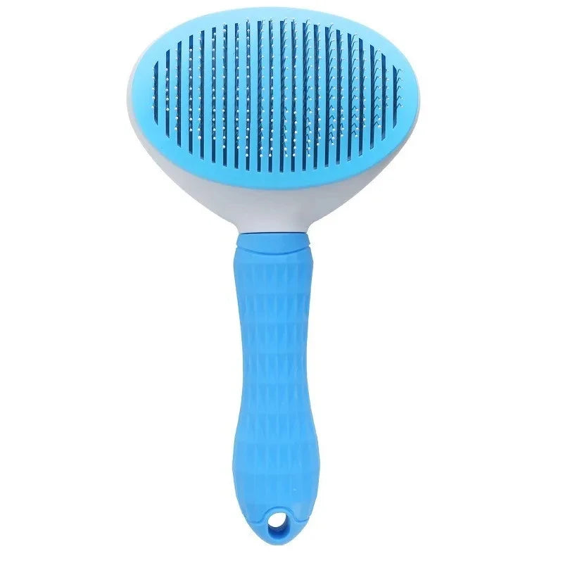 Blue self-cleaning pet hair remover comb brush with oval head and pin teeth