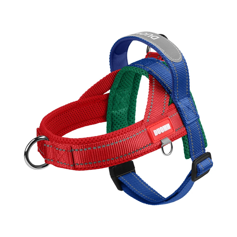 Red, green, and blue saddle-type dog chest harness strap with metal ring and clips