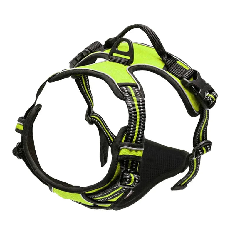 Reflective no-pull dog harness vest, neon green accents with black padded chest and handle