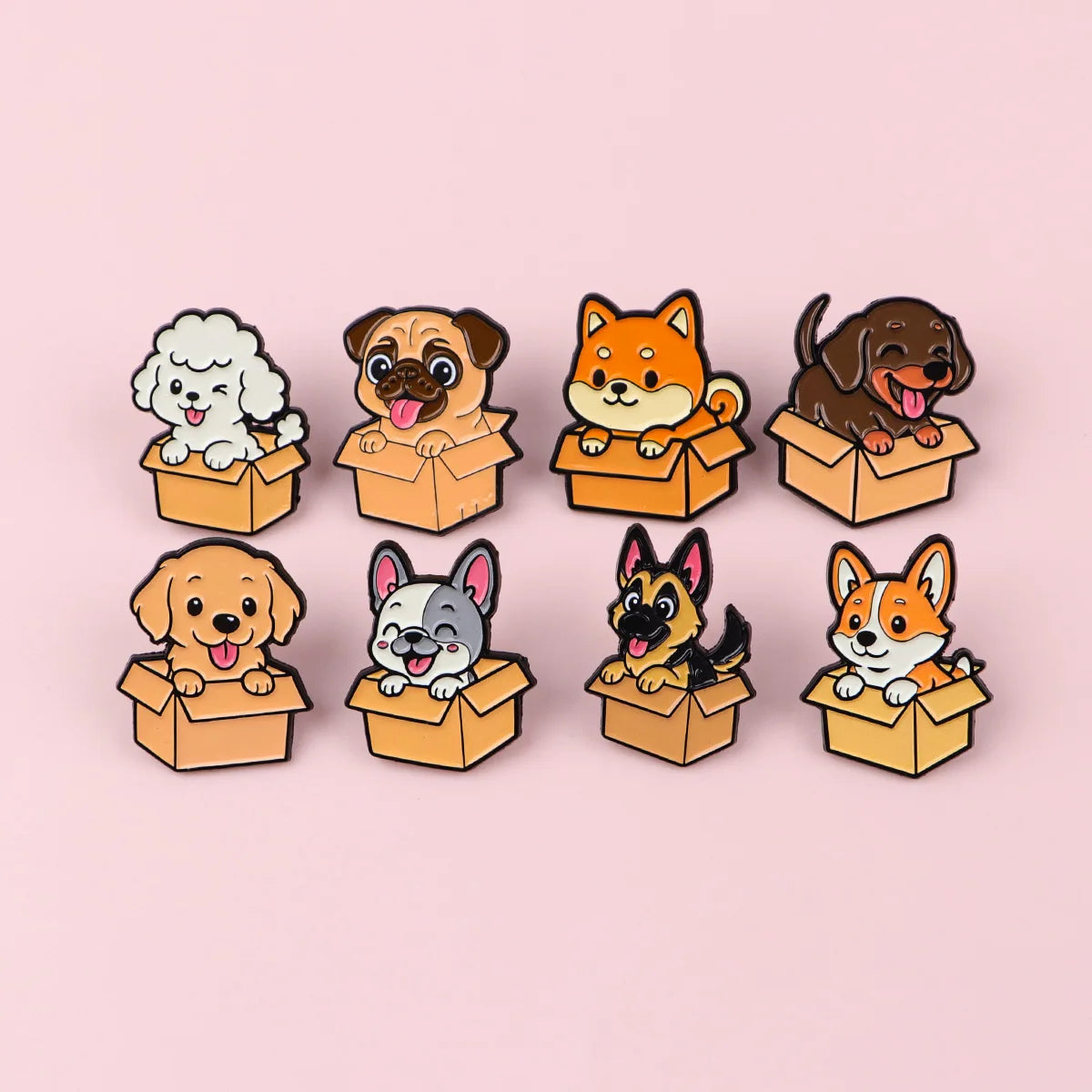 Enamel lapel pins set featuring cartoon dogs and cats sitting in open boxes