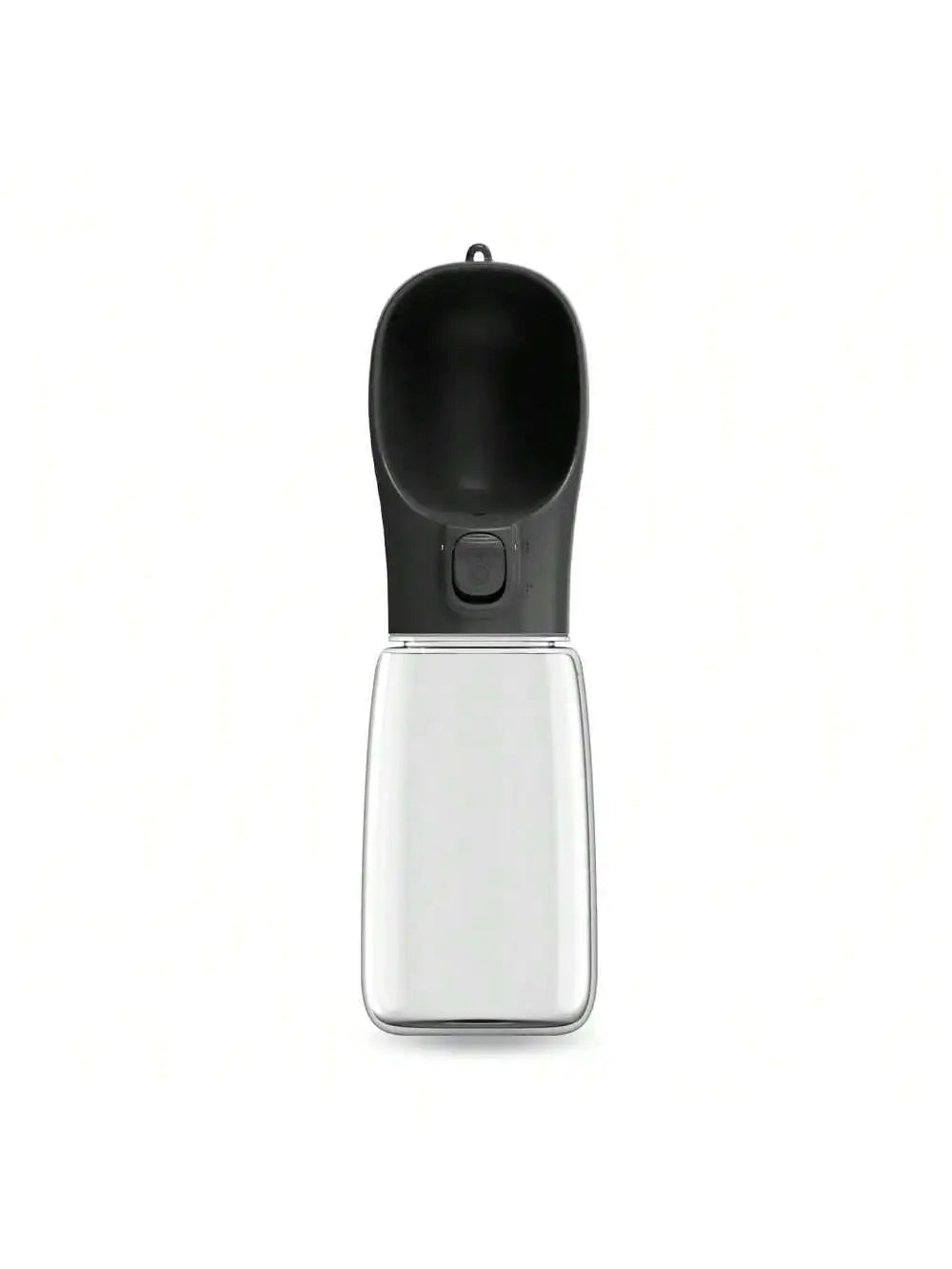 Portable pet water bottle with black top and clear lower reservoir, push button