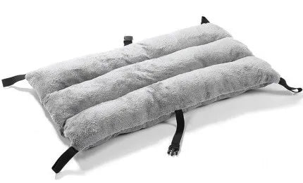 Gray padded dog bed mat with straps for folding frames