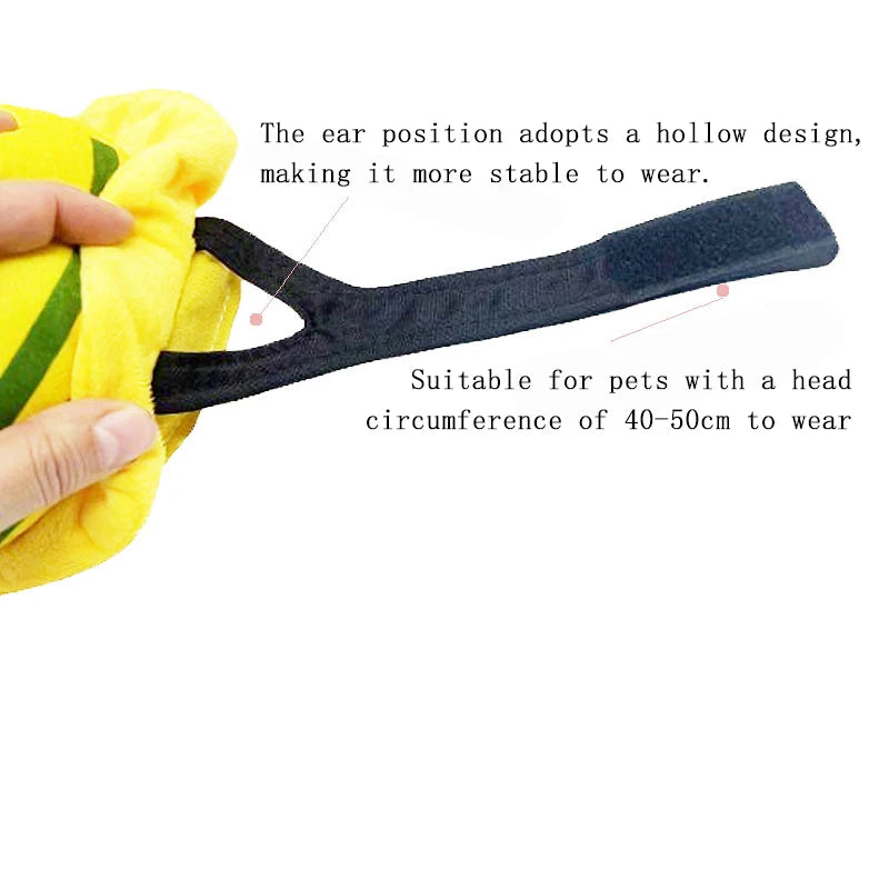 Pet safety helmet hat for dogs and cats, yellow plush with adjustable black strap and ear opening