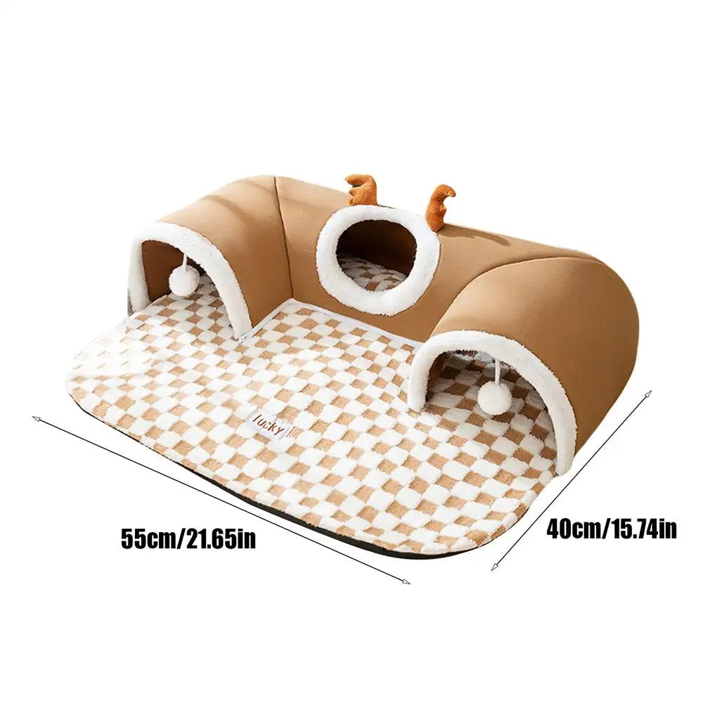 Tan plush cat tunnel bed, 55cm x 40cm; angled view of three entrances