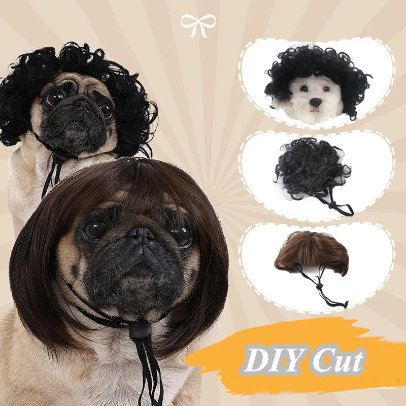 Dog and cat wig headdress set with curly black and brown hair pieces