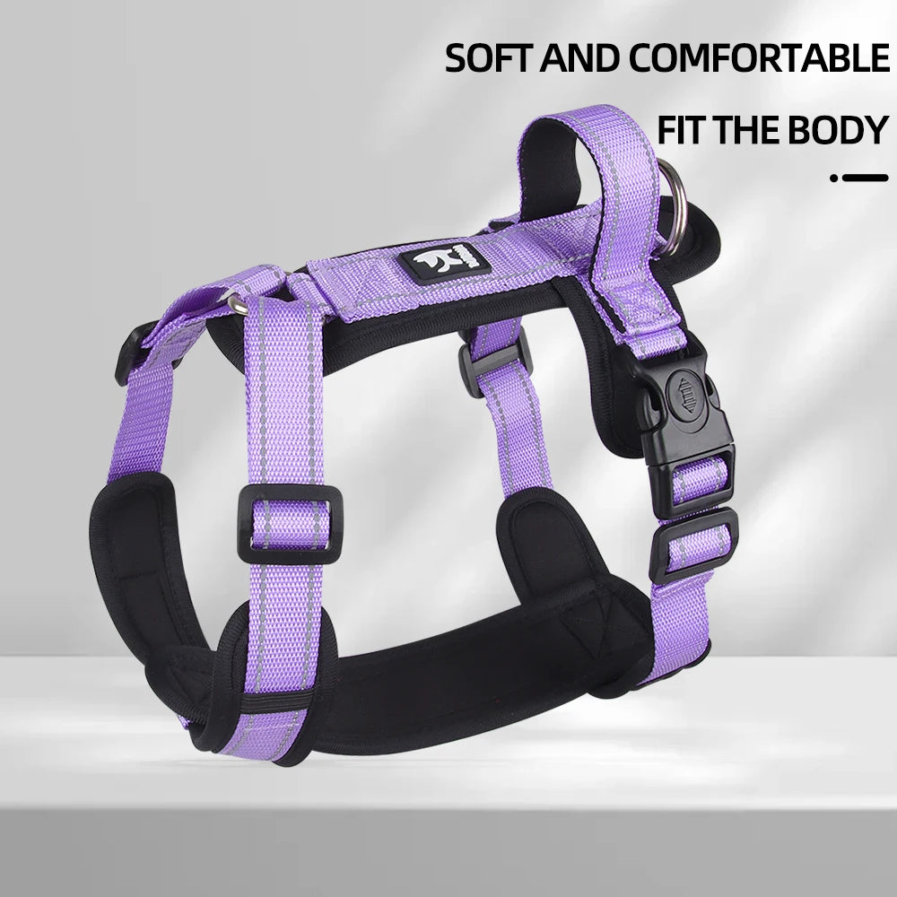 Purple and black dog chest harness with padded straps and metal leash ring