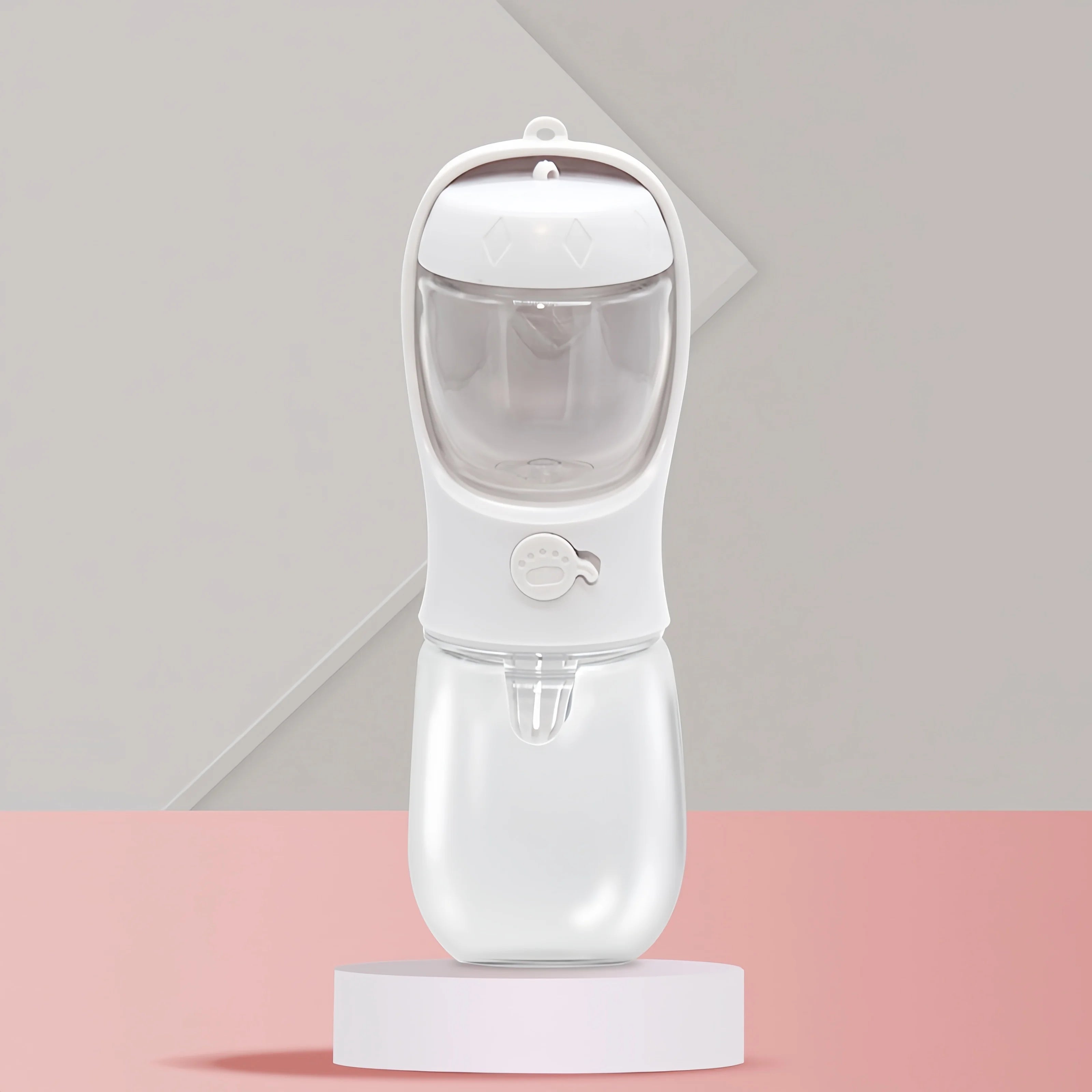 White pet travel water bottle with built-in food chamber and carry strap