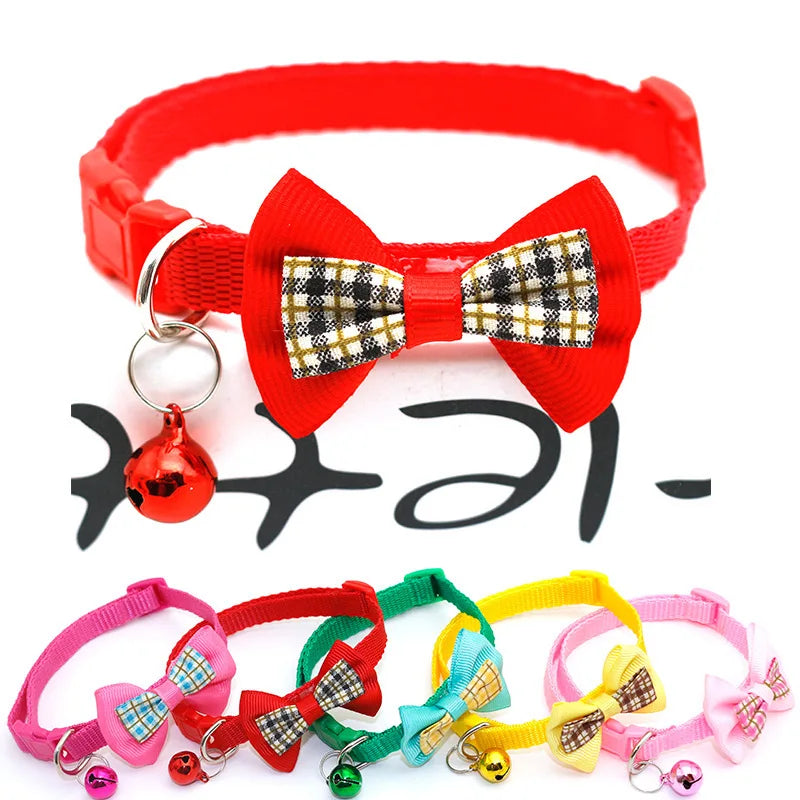 Red cat collar with bow tie and bell, with matching collars below