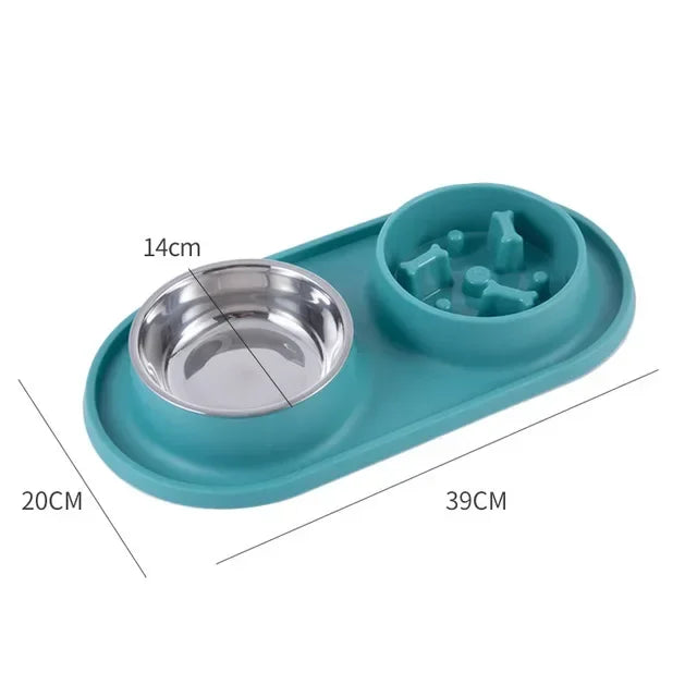 Stainless Steel Dog Double Bowl with Anti-Choking Silicone Mat