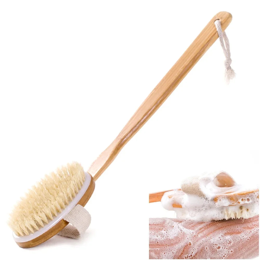 Natural Bath Brush Long Wooden Handle Back Scrubber