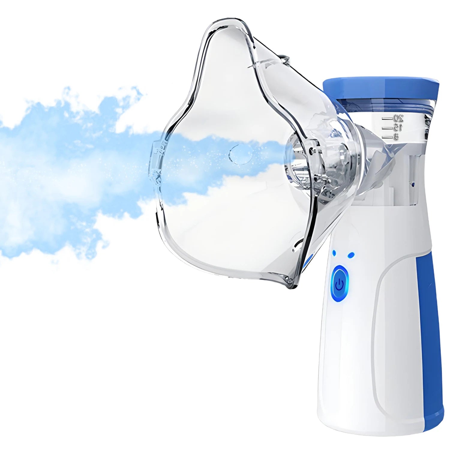 Nebulizer inhaler with clear pet face mask emitting mist, white body with blue cap