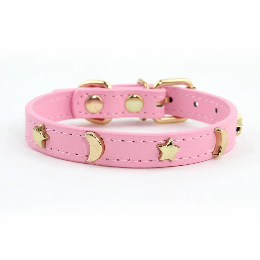 Soft Leather Cat Collar Star Moon Rivets Kitten Puppy XS-M